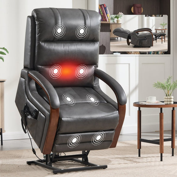English Elm Power Lift Recliner with Dual Motor Heat Massage Leatheraire and Solid Wood Arms W1803S00081