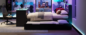 English Elm Full Size Wood Platform Daybed with Trundle Desk Rgb Led Lighting Gaming Bedroom Black+Blue LT000284AAC