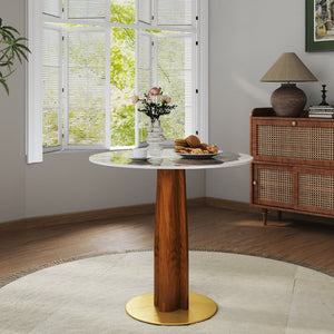 English Elm Modern Round Dining Table - 33.5" Sintered Stone Top With Wooden Legs & Gold Base For Small Spaces P3 W1535S00606-GIGA