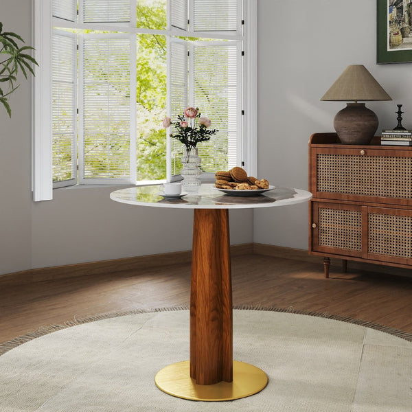 English Elm Modern Round Dining Table - 33.5" Sintered Stone Top With Wooden Legs & Gold Base For Small Spaces P3 W1535S00606-GIGA