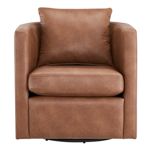 English Elm Sutton Ultra-Soft Faux Leather Swivel Barrel Chair in Brown — Stain-Resistant, Reversible Cushions, 360° Comfort B050P322591