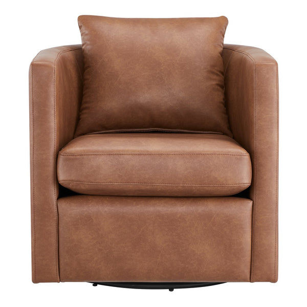 English Elm Sutton Ultra-Soft Faux Leather Swivel Barrel Chair in Brown — Stain-Resistant, Reversible Cushions, 360° Comfort B050P322591