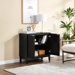 English Elm 2 Door Storage Cabinet with Fluted Fronts and Brass Handles, Mid-Century Accent Console for Entryway Black W914P292867