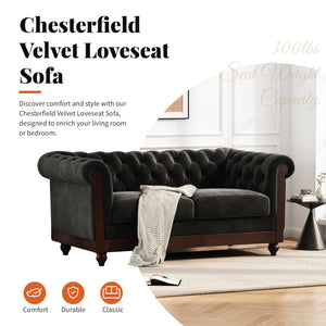 English Elm Christopher Knight Home® - VIVALUX Chesterfield Velvet Loveseat Sofa with Rolled Arms Tufted Buttons Plush 2-Seater Comfort 59.4" Black N762P178705B