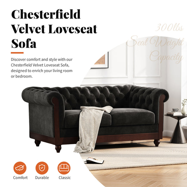 English Elm Christopher Knight Home® - VIVALUX Chesterfield Velvet Loveseat Sofa with Rolled Arms Tufted Buttons Plush 2-Seater Comfort 59.4" Black N762P178705B