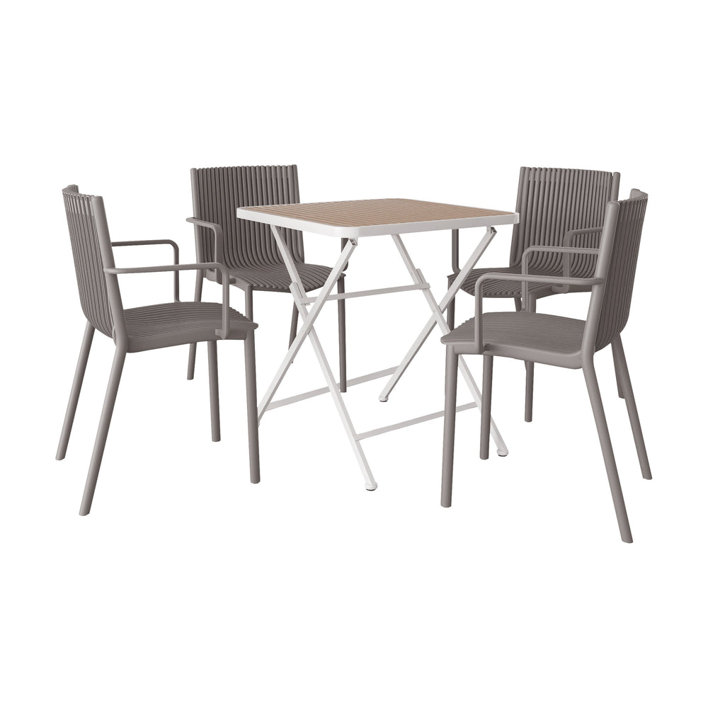 English Elm 4pcs Stackable PP Armchair Set with 55" Modern Long Table – Weatherproof, Ergonomic Outdoor Dining Suite khaki,Warm Grey,White W3450S00029