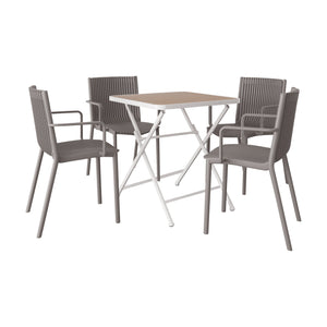 English Elm 4pcs Stackable PP Armchair Set with 55" Modern Long Table – Weatherproof, Ergonomic Outdoor Dining Suite khaki,Warm Grey,White W3450S00029