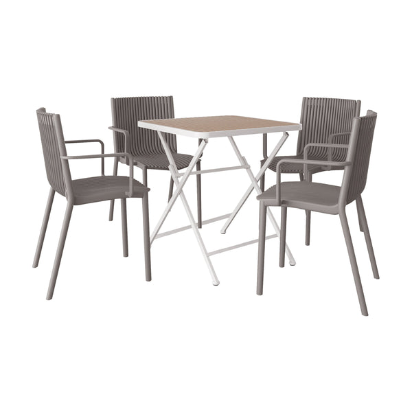 English Elm 4pcs Stackable PP Armchair Set with 55" Modern Long Table – Weatherproof, Ergonomic Outdoor Dining Suite khaki,Warm Grey,White W3450S00029