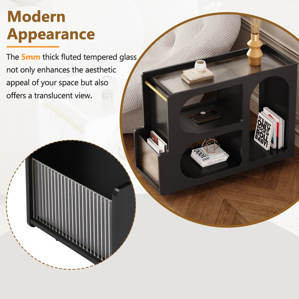 English Elm ON-TREND Mobile End Table with Locking Wheels, Fluted Tempered Glass Top, Gold Rod Accent, Sleek Storage Design Black N721P179241B