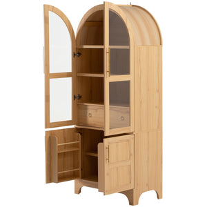 English Elm K&K Arched 71" Kitchen Pantry Cabinet with Glass Doors, Brass Handles, Adjustable Shelves & Drawer Natural N707P288969Y