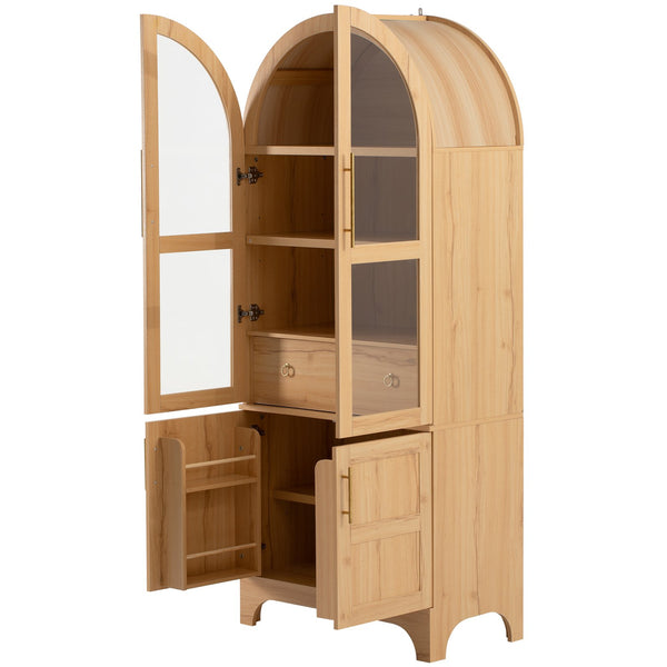 English Elm K&K Arched 71" Kitchen Pantry Cabinet with Glass Doors, Brass Handles, Adjustable Shelves & Drawer Natural N707P288969Y
