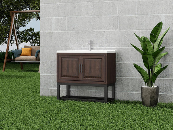 English Elm 36" Freestanding Bathroom Vanity with White Ceramic Sink, Adjustable Feet, Metal Hinges, Shelf Walnut W688P224383