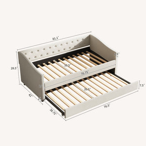 English Elm Twin Size Daybed With Trundle - Elegant Beige Upholstery, Durable Frame & Button-Tufted Design W2336S00035-GIGA