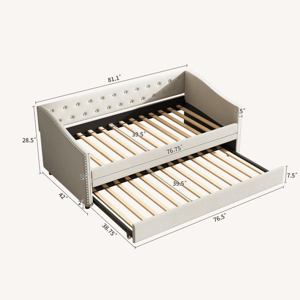 English Elm Twin Size Daybed With Trundle - Elegant Beige Upholstery, Durable Frame & Button-Tufted Design W2336S00035-GIGA