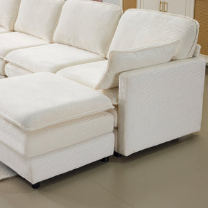 English Elm 136" Plush Cloud Modular 4-Seater Sofa with 2 Ottomans, Beige Corduroy, High-Resilience Foam Comfort, Durable Wood Frame W1829S00064