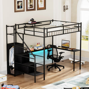 English Elm Full Metal Loft Bed with L-Shaped Desk, RGB LED Lights, Charging Cradle, Wardrobe & Drawers Black W1162S00014