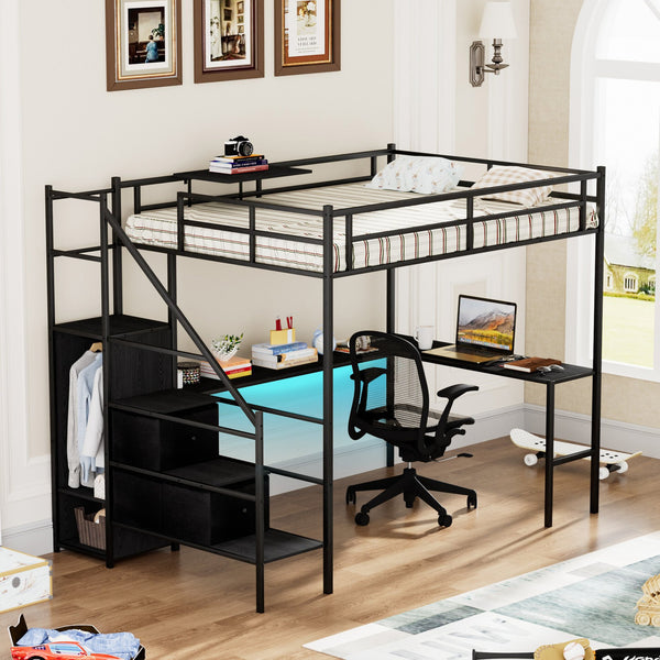 English Elm Full Metal Loft Bed with L-Shaped Desk, RGB LED Lights, Charging Cradle, Wardrobe & Drawers Black W1162S00014