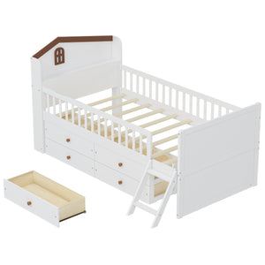 English Elm Twin Bed Frame with Storage Drawers and House Headboard, Kids Platform Bed with Guardrail Ladder and Shelf White 49.3 L x 16.25 W x 7.75 H N733S278032K