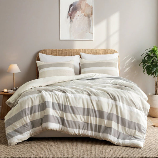 JLA Home Regency Heights - Stripe Seersucker Comforter Set with Reversible Striped and Botanical Prints, Lightweight Oeko-Tex Certified Neutral RH10-0017