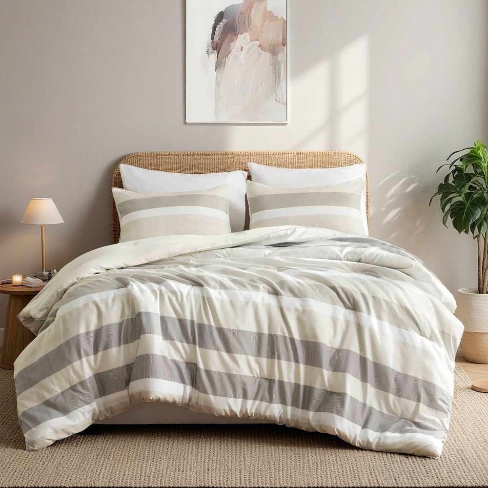 JLA Home Regency Heights - Stripe Textured Seersucker Comforter Set with Reversible Stripe & Botanical Prints, Oeko-Tex Certified Neutral RH10-0018