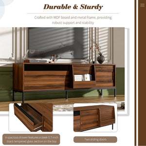 English Elm U-can Mid Century Walnut Media Console with Sliding Doors and Metal Frame for Living Rooms Brown N724P360370D