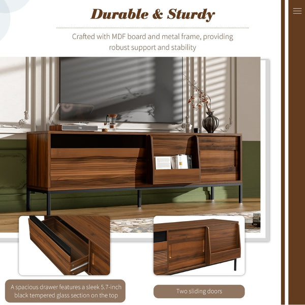 English Elm U-can Mid Century Walnut Media Console with Sliding Doors and Metal Frame for Living Rooms Brown N724P360370D
