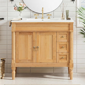 English Elm 36" Freestanding Bathroom Vanity Solid Wood Cabinet with Ceramic Sink and Soft Close Storage N729P300165N