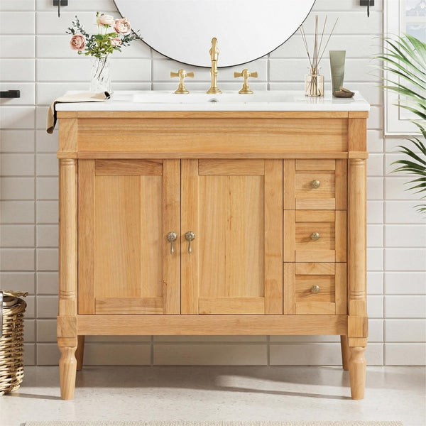 English Elm 36" Freestanding Bathroom Vanity Solid Wood Cabinet with Ceramic Sink and Soft Close Storage N729P300165N