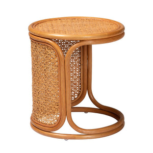 English Elm Bohemian Geometric Woven Rattan Round End Table for Living Room or Bedroom Nook B2750P420410