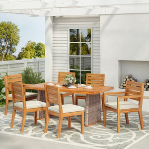 English Elm Christopher Knight Home® - 7 Acacia Wood Outdoor Dining Set 7-Piece with Handwoven Rattan Legs, Durable 200–400 lb Capacity Beige,Brown,Natural,Teak N773OD00047B