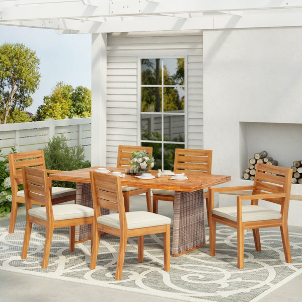English Elm Christopher Knight Home® - 7 Acacia Wood Outdoor Dining Set 7-Piece with Handwoven Rattan Legs, Durable 200–400 lb Capacity Beige,Brown,Natural,Teak N773OD00047B