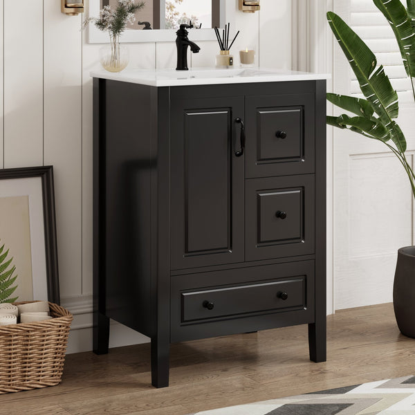 English Elm Christopher Knight Home® - 24 Freestanding Retro Bathroom Vanity with Ceramic Sink, Soft-Close Cabinet & Drawers, Painted MDF Finish Black N759P292551B