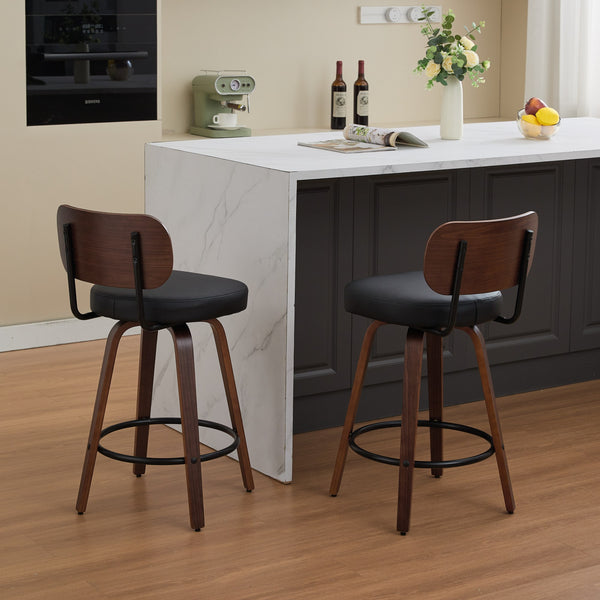 English Elm Swivel Mid Century Counter Stools Set of 2 with 360° Swivel, Walnut Bentwood Back and PU Seat Black W1143P300155