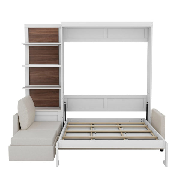English Elm Queen Wall Bed with Linen Sofa and Open Shelving for Studio or Guest Room LP000592AAK-3