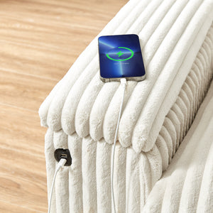 English Elm 71" Plush Corduroy Sofa with Hidden Armrest Storage, USB Charging Port, Solid Wood Frame Comfort White W3817P375150