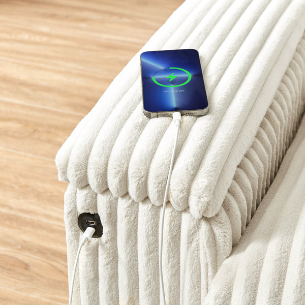 English Elm 71" Plush Corduroy Sofa with Hidden Armrest Storage, USB Charging Port, Solid Wood Frame Comfort White W3817P375150