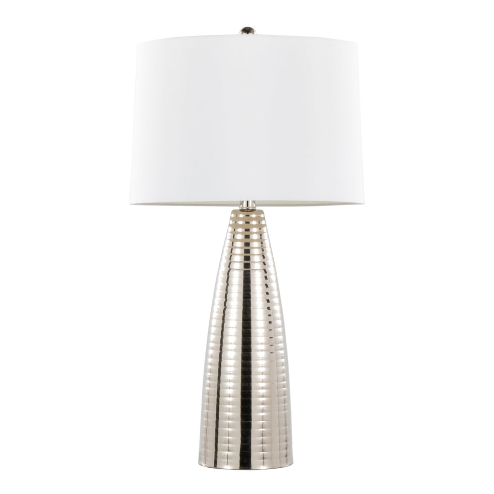 English Elm Maya Polished Nickel Table Lamp Set of 2 — 27" Contemporary Ribbed Metal Base with White Linen Shade, 3-Way B202P224098