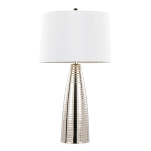 English Elm Maya Polished Nickel Table Lamp Set of 2 — 27" Contemporary Ribbed Metal Base with White Linen Shade, 3-Way B202P224098