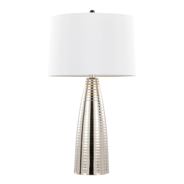 English Elm Maya Polished Nickel Table Lamp Set of 2 — 27" Contemporary Ribbed Metal Base with White Linen Shade, 3-Way B202P224098
