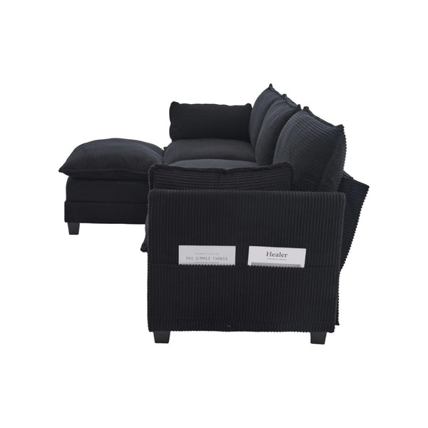 English Elm United We Win Modular Corduroy Sectional with Ottoman Low Profile Living Room Couch Black W1568S00260
