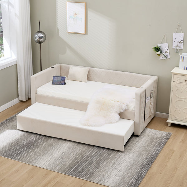 English Elm Beige velvet daybed with diamond-grid pull-out trundle, modern sturdy wood frame for guests and lounge W1361S00031