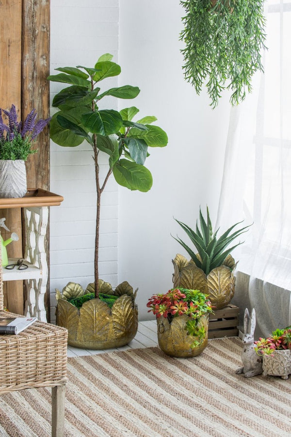 English Elm Set of 3 Zinc Metal Planters with Distressed Golden Finish for Indoor Outdoor Display W2078P499530