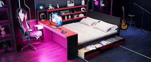 English Elm Queen Gaming Bed Frame with Desk Led Lighting Storage Drawers and Bookcase Headboard Black+Red LP000290AAJ