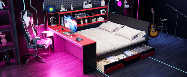 English Elm Queen Gaming Bed Frame with Desk Led Lighting Storage Drawers and Bookcase Headboard Black+Red LP000290AAJ