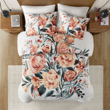 Madison Park Dahlia Mid-Century 3 Piece Floral Cotton Duvet Cover Set MP12-8358 Peach/Off-White