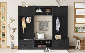 English Elm 4-in-1 Hall Tree with Bench, 7 Hooks, 2 Cabinets & 4 Drawers for Entryway Storage and Seating Black W1580S00089