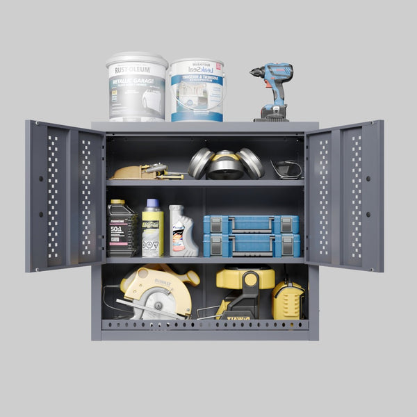 English Elm Metal Wall Mounted Cabinet Gray Powder Coated Floating Storage for Garage Workshop W396P305780
