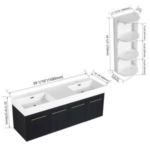 English Elm 60 Inch Wall-Mounted Bathroom Vanity With Double Resin Sink & Stylish Storage Rack, Easy Assembly W999S00372