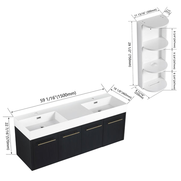 English Elm 60 Inch Wall-Mounted Bathroom Vanity With Double Resin Sink & Stylish Storage Rack, Easy Assembly W999S00372