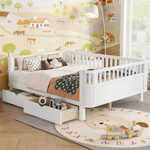 English Elm Twin Kids Platform Bed Solid Pine White Finish with Storage Drawers and Safety Rails White W2593P409116